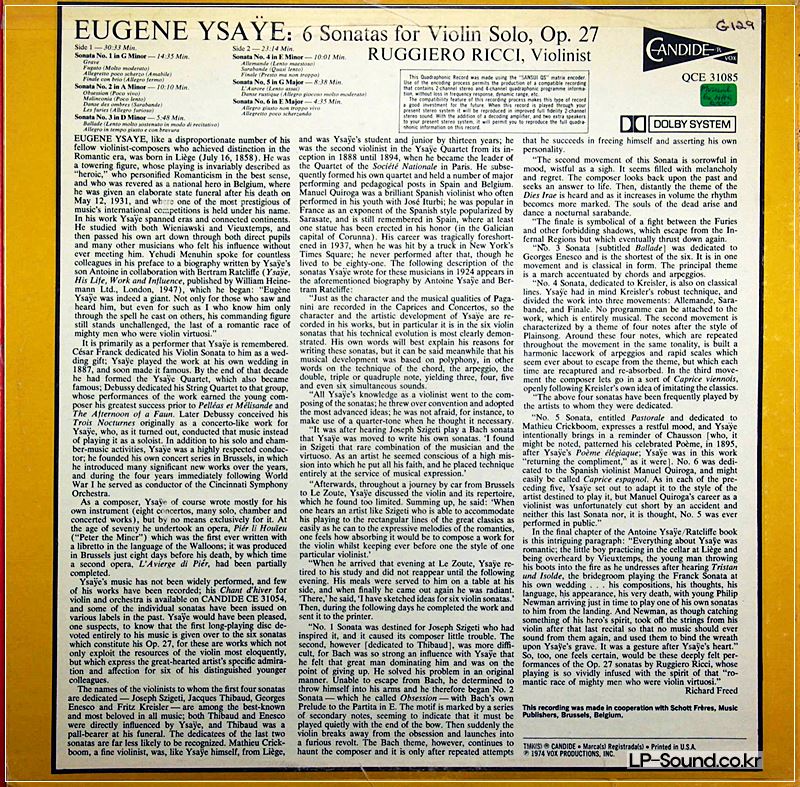 YSAYE 6 SONATAS SOLO VIOLIN RUGGIERO RICC QCE 31085