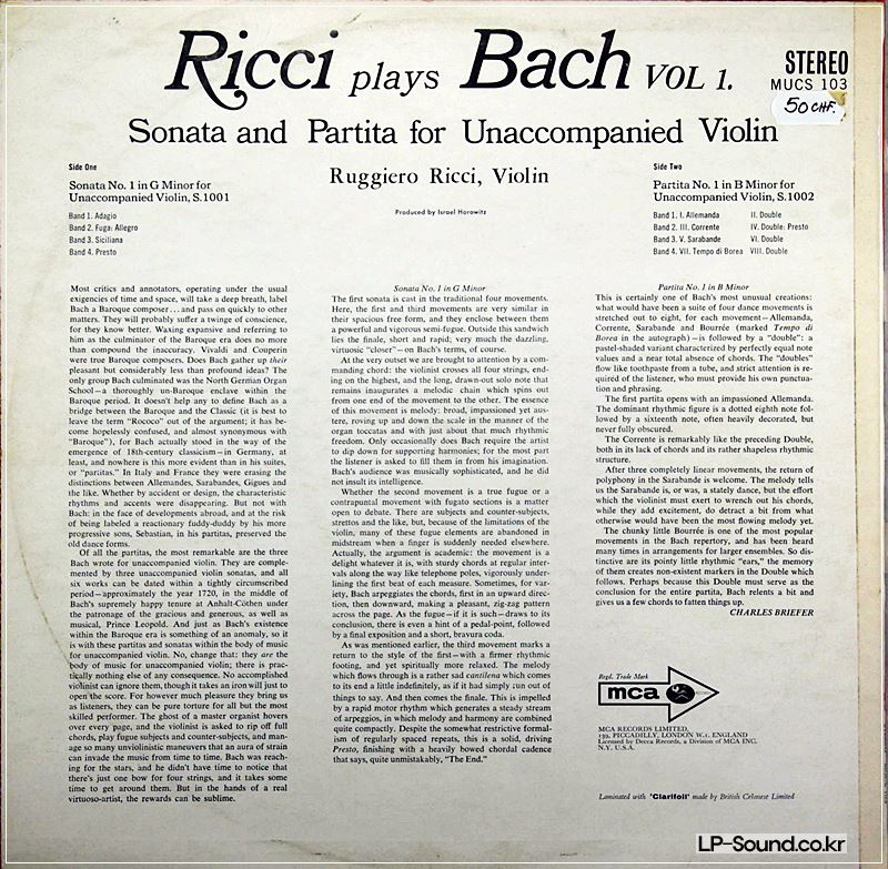 BACH SONATA & PARTITA – RICCI  VOL.1 MCA MUCS103