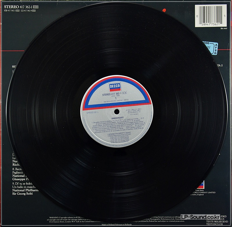 PAVAROTTI ANNIVERSARY LP - LONDON 417 362-1 (1986)