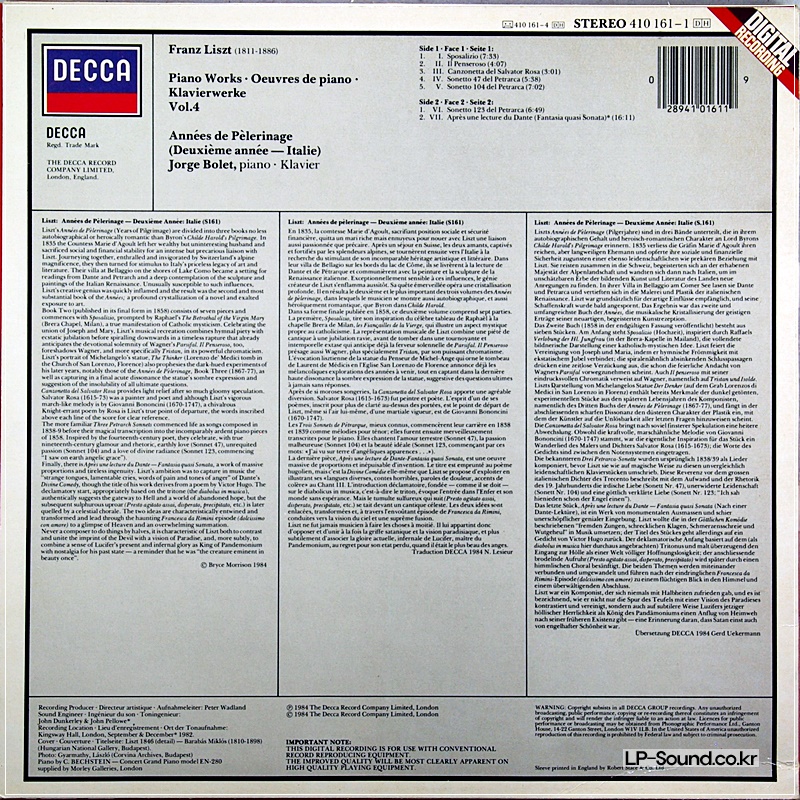 JORGE BOLET~LISZT ANNEES DE PELERINAGE-ITALIE~LONDON