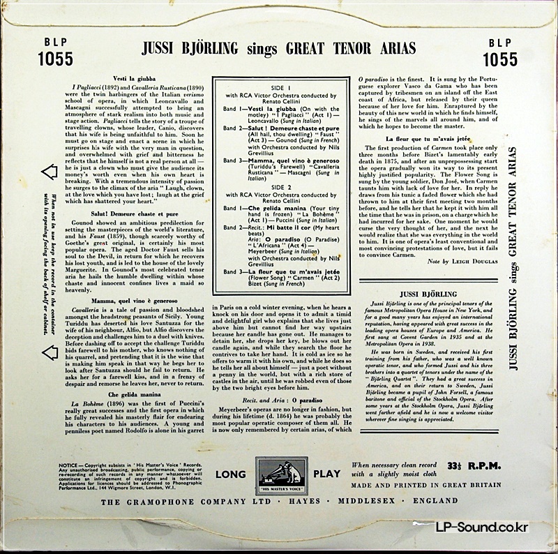 JUSSI BJORLING GREAT TENOR ARIAS INC FLOWER SONG + BLP 1055 10