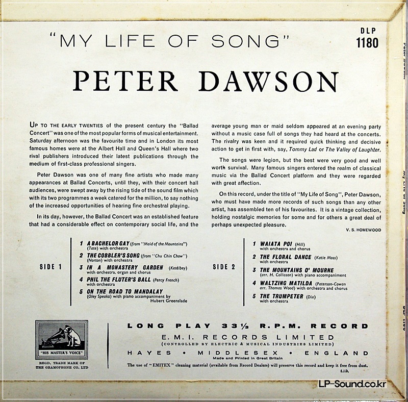 PETER DAWSON 10” EP/LP MY LIFE OF SONG HMV DLP.1180 1958