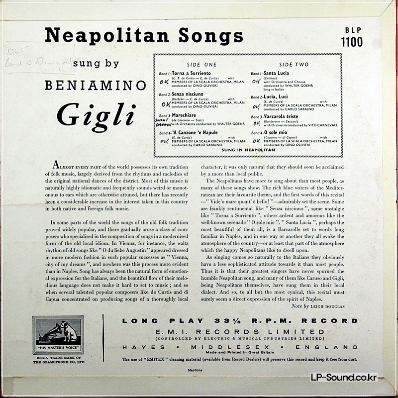 BENIAMINO GIGLI NEAPOLITAN SONGS - UK BLP 1034.