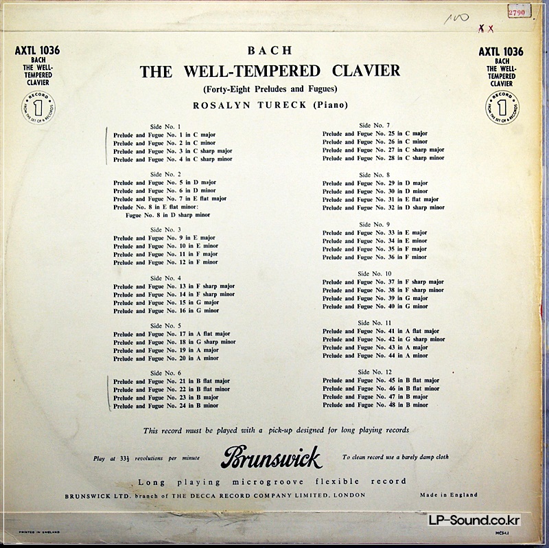 ROSALYN TURECK BACH THE WELL TEMPERED CLAVIER AXTL 1036 VOL.1