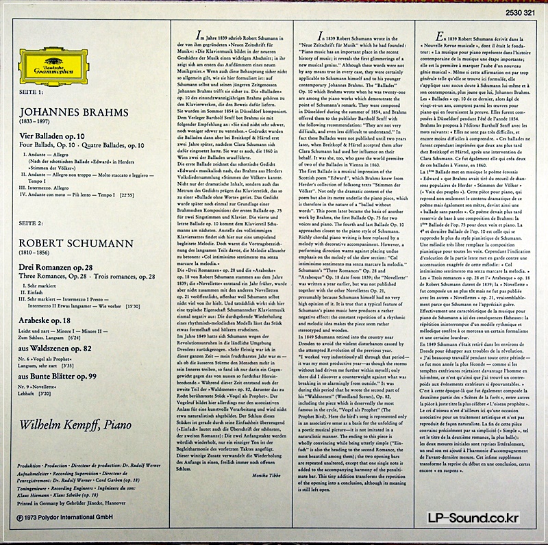 BRAHMS: BALLADEN OP 10 / SCHUMANN: ROMANZEN KEMPFF DGG 2530 321