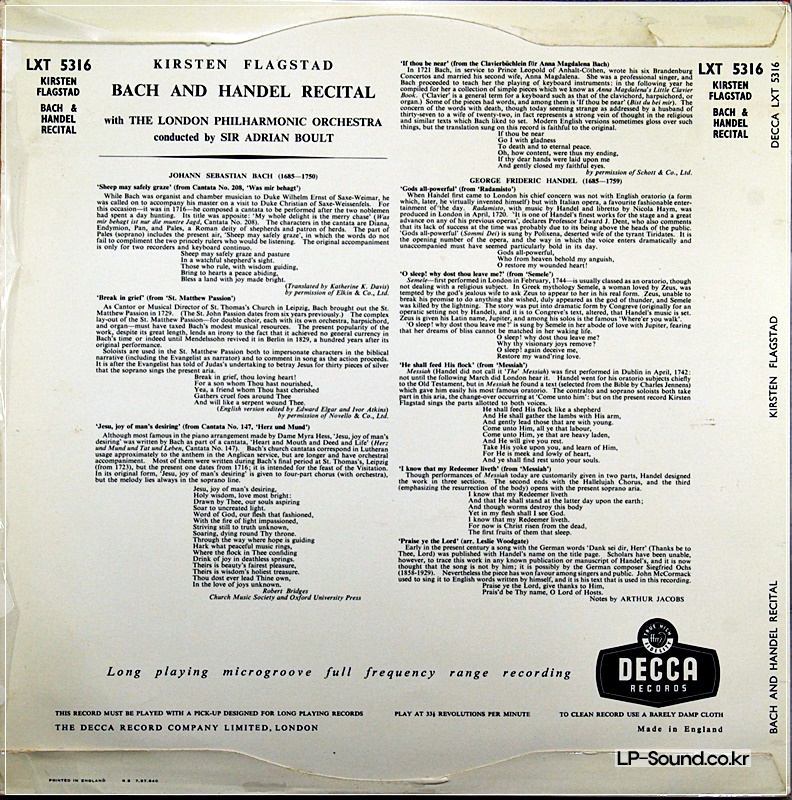 KIRSTEN FLAGSTAD - BACH / HANDEL RECITAL LXT 5316