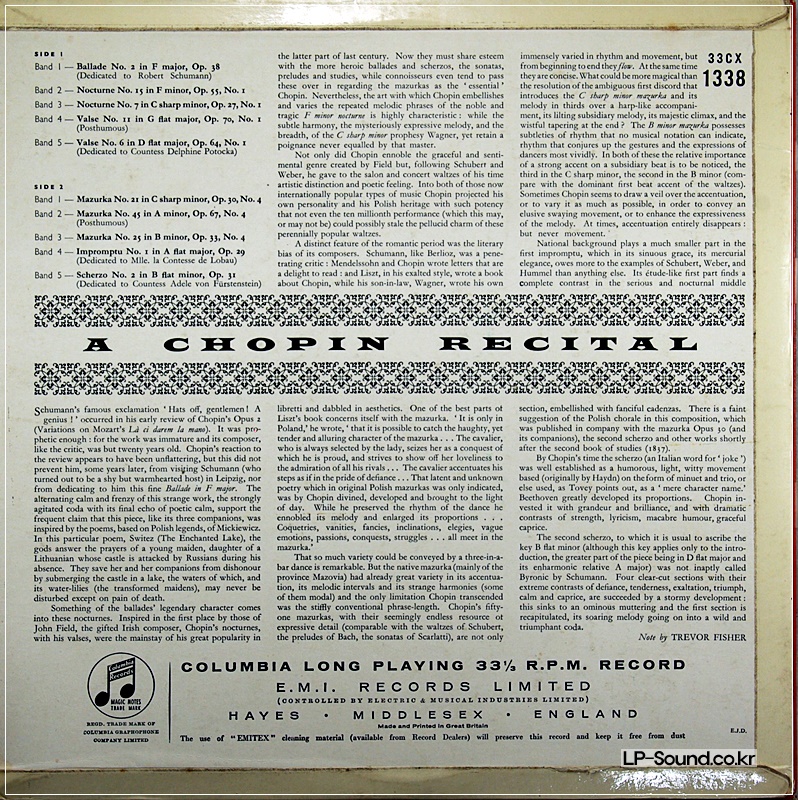 CHOPIN RECITAL  MALCUZYNSKI  COLUMBIA 33CX 1338