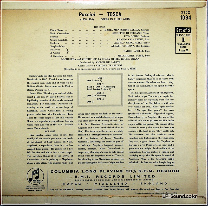 PUCCINI TOSCA  CALLAS  DE SABATA UK COLUMBIA 2XLP NM 33CX 1094-95