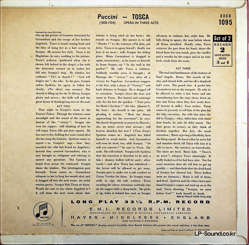PUCCINI TOSCA  CALLAS  DE SABATA UK COLUMBIA 2XLP NM 33CX 1094-95
