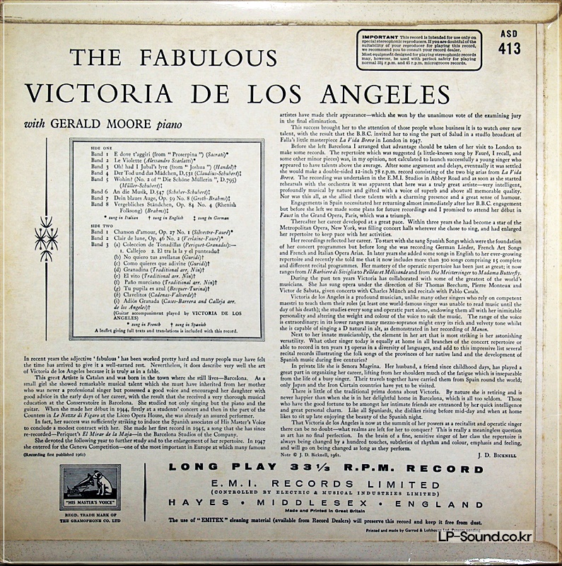 FABULOUS VICTORIA DE LOS ANGELES LP HMV ASD 413