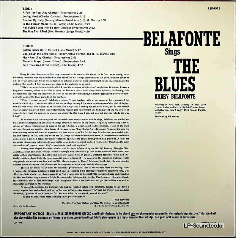 BELAFONTE SINGS THE BLUES  200g  LSP 1972