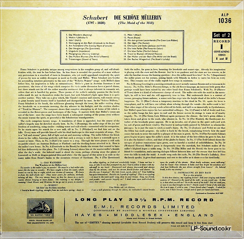 SCHUBERT DIE SCHONE MULLERIN FISCHER-DIESKAU GERALD MOORE HMV ALP