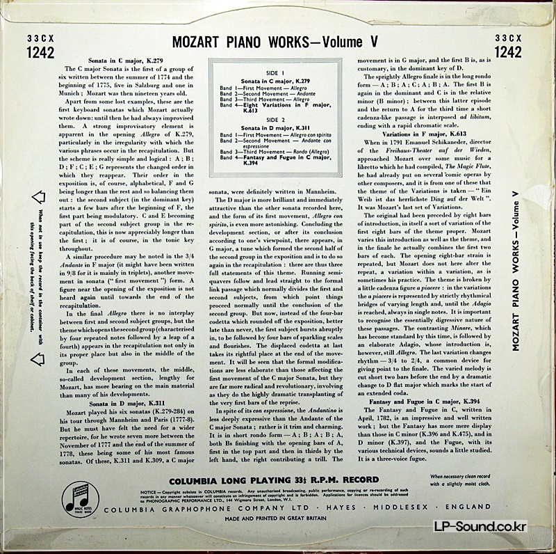 MOZART PIANO WORKS VOL.5  GIESEKING  33CX 1242