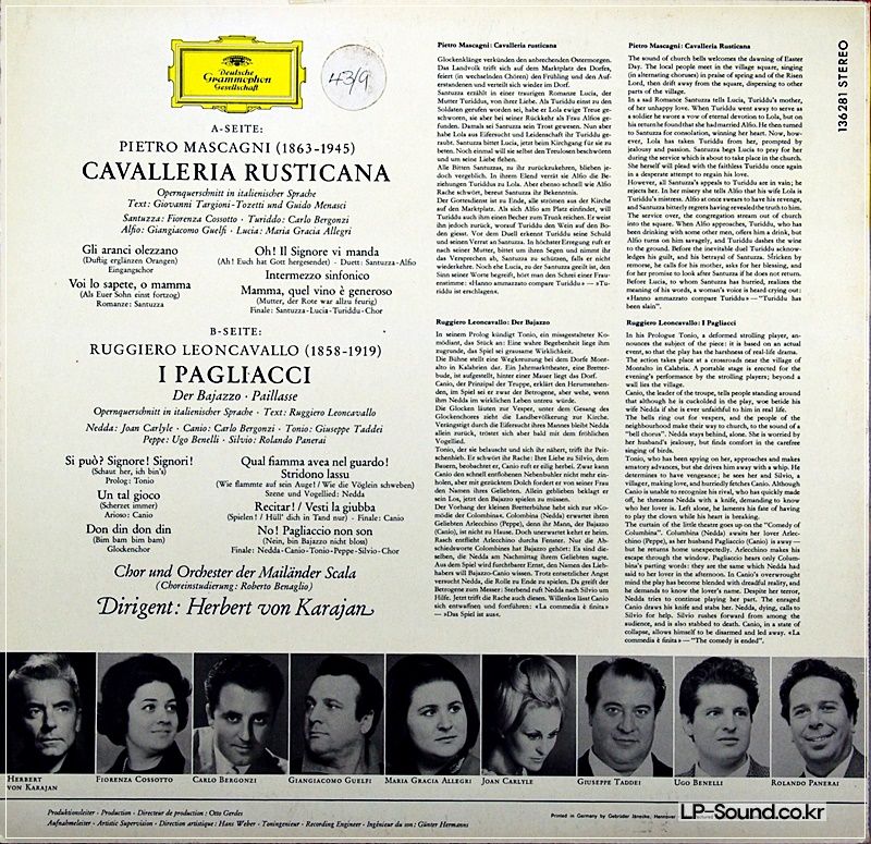MASCAGNI: CAVALLERIA RUSTICANA LEONCAVALLO KARAJAN DGG 136 281