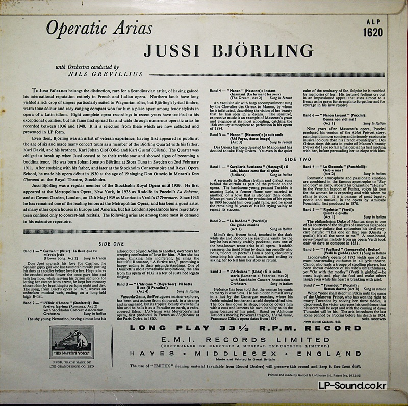 JUSSI BJORLING** - OPERATIC ARIAS  HMV ALP 1620