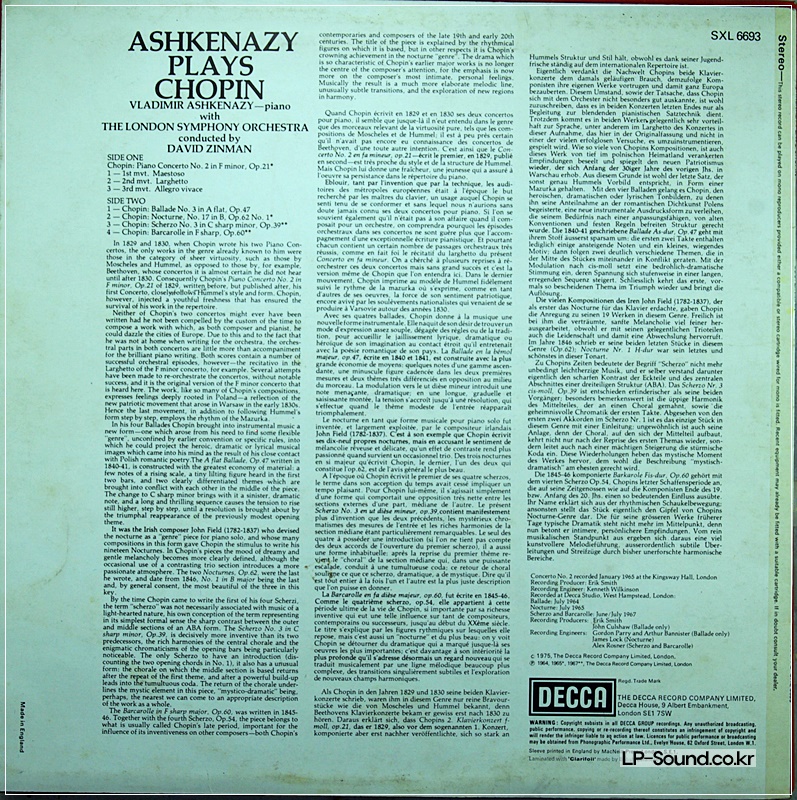 VLADIMIR ASHKENAZY & ZINMAN CHOPIN ORIG DECCA NB SXL 6693