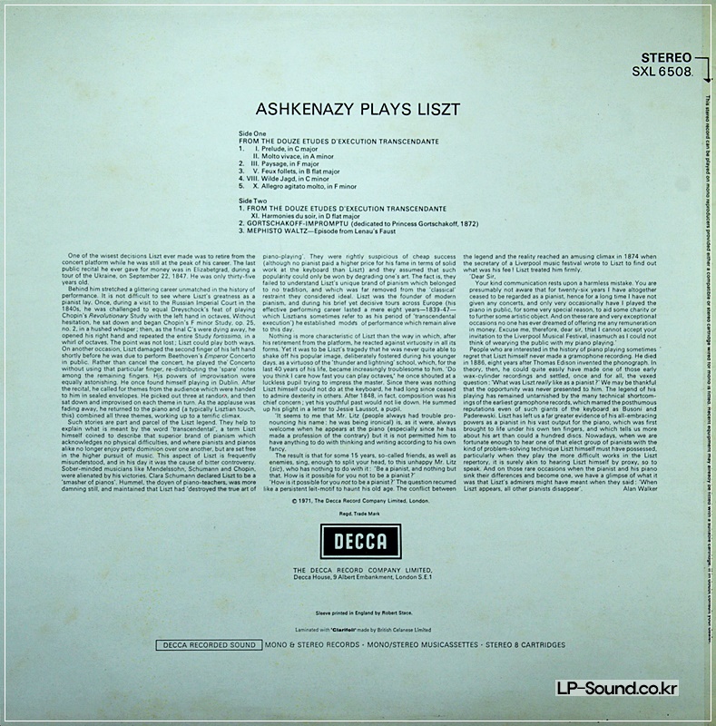 LISZT RECITAL   VLADIMIR ASHKENAZY    DECCA   - SXL 6508