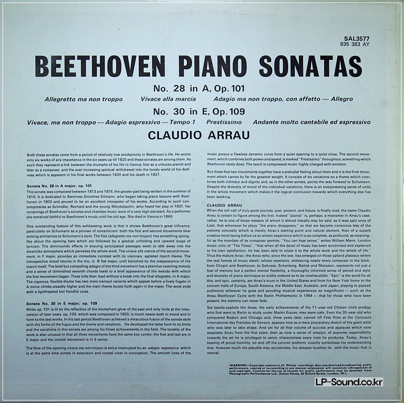 BEETHOVEN-SONATA NO.28 IN A OP.101-PHILIPS-SAL 3577-CLAUDIO ARRAU