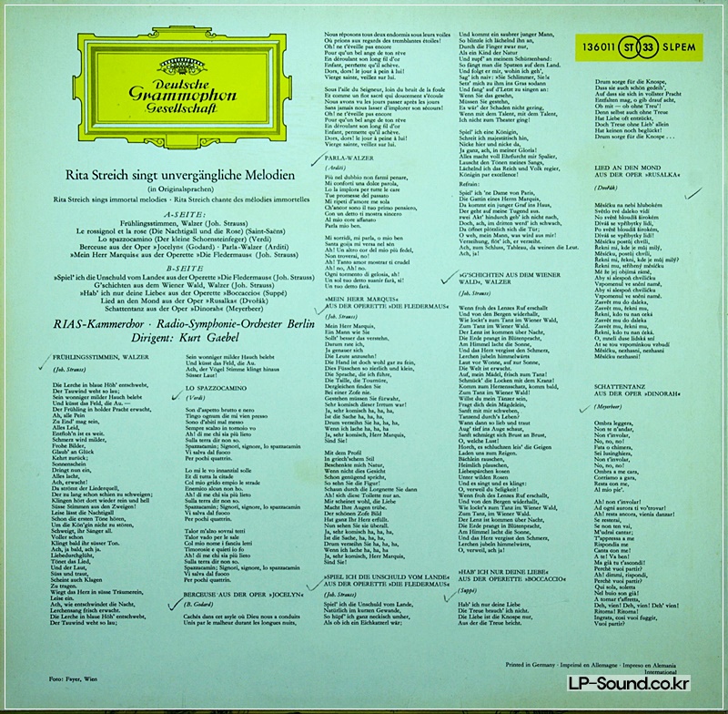 RITA STREICH SINGS IMMORTAL MELODIES STEREO 136 011 SLPEM MADE