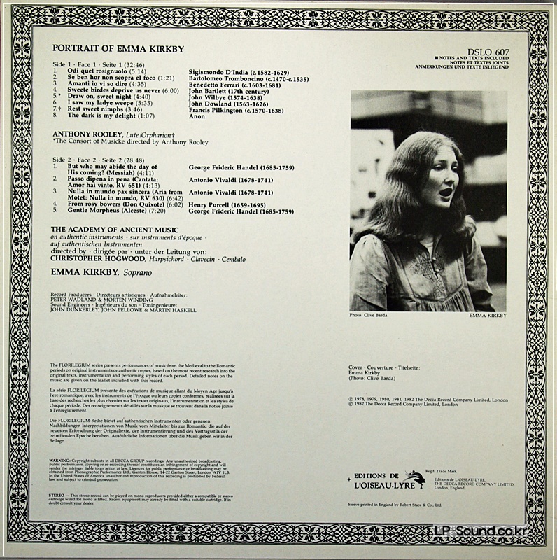 EMMA KIRBY: PORTRAIT OF EMMA KIRKBY LP NM W/ INSERT, L'OISEAU-LYRE DSLO 607