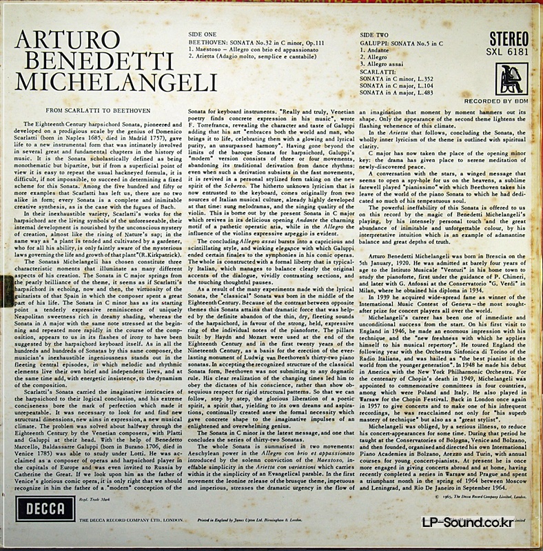 ARTURO BENEDETTI MICHELANGELI PIANO DECCA WBG SXL 6181