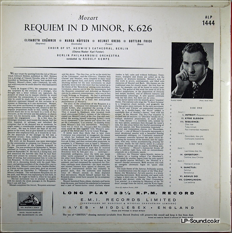 MOZART REQUIEM KEMPE GRUMMER KREBS FRICK H BERLIN PO EMI ALP-1444