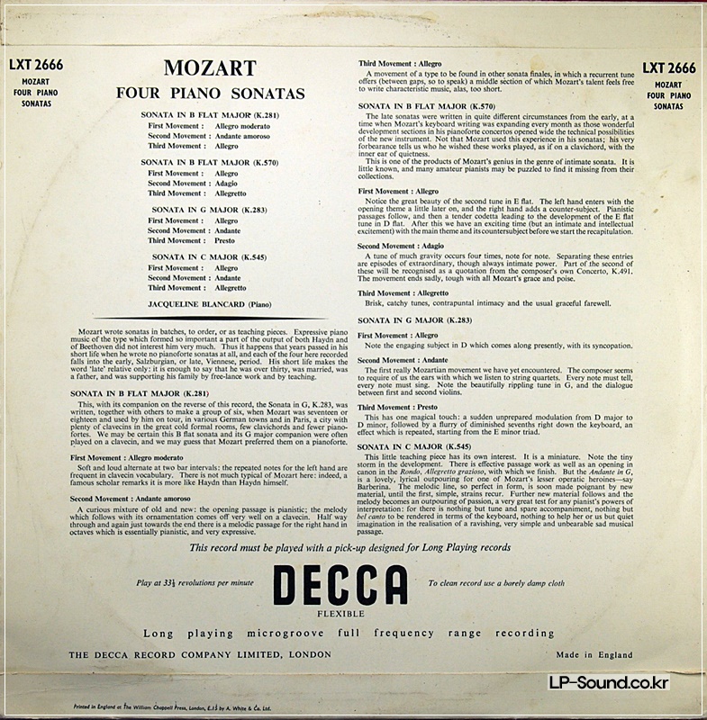 MOZART: PIANO SONATAS - JACQUELINE BLANCARD **DECCA LXT 2666