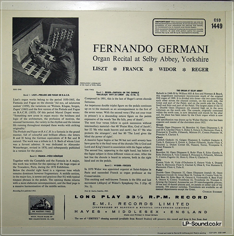 FERNANDO GERMANI ORGAN RECITAL AT SELBY ABBEY 1962 CSD 1449 ED1
