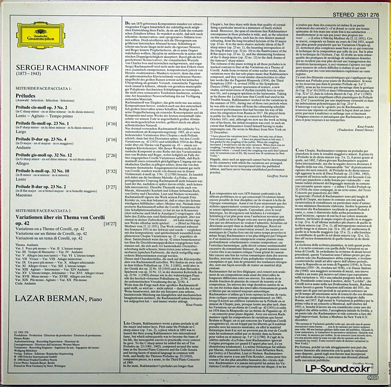 RACHMANINOFF CORELLI VARIATIONS *LAZAR BERMAN  DG 2531 276