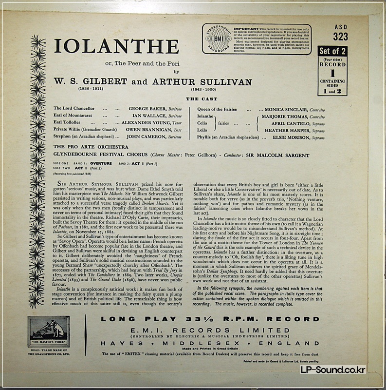 GILBERT & SULLIVAN IOLANTHE 2-LP NM MALCOLM SARGENT ASD 323/324 ED1