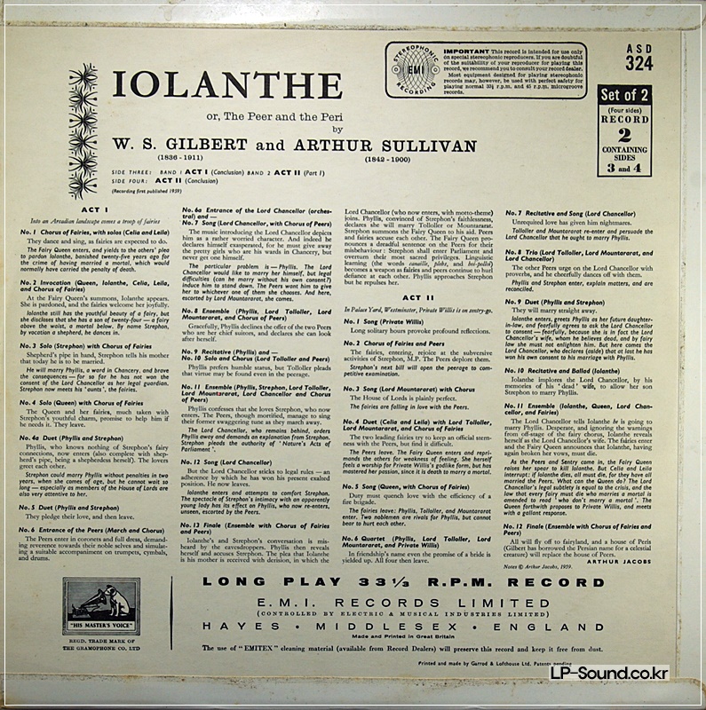 GILBERT & SULLIVAN IOLANTHE 2-LP NM MALCOLM SARGENT ASD 323/324 ED1