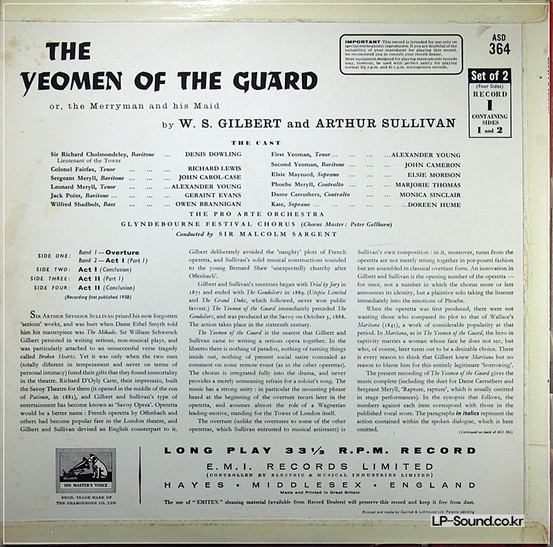 GILBERT & SULLIVAN THE YEOMAN OF THE GUARD / SARGENT ETC.ASD 364