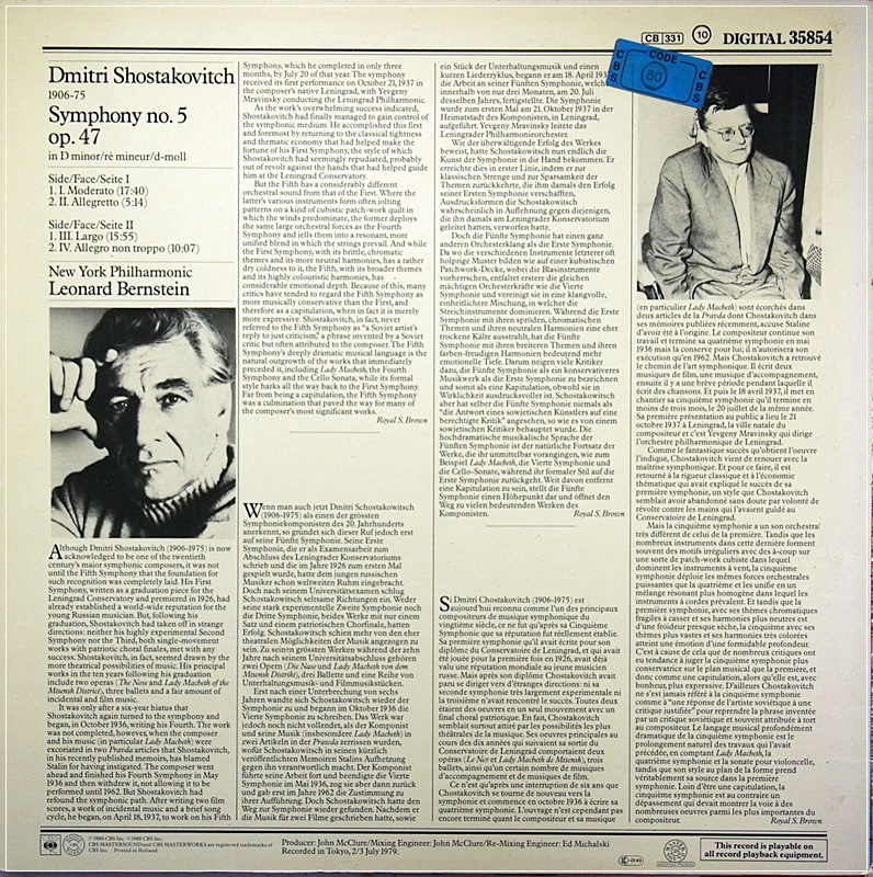SHOSTAKOVICH NO.5 BERNSTEIN AUDIOPHILE PRESSING DIGITAL RECORDING TOKYO