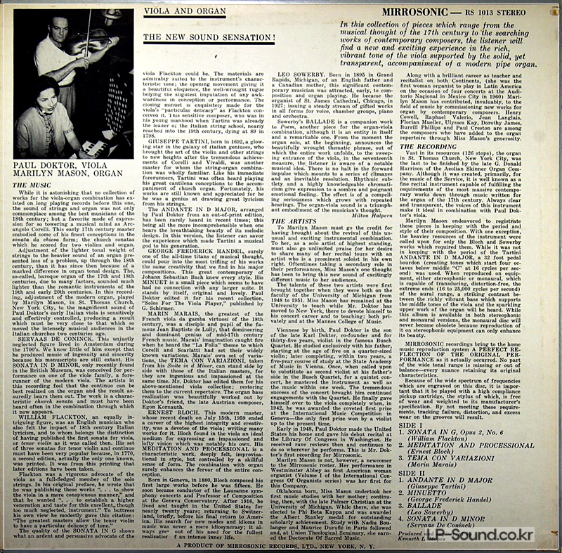 PAUL DOKTOR, MARILYN MASON (2) – VIOLA AND ORGAN MIRROSONIC – RS 1013