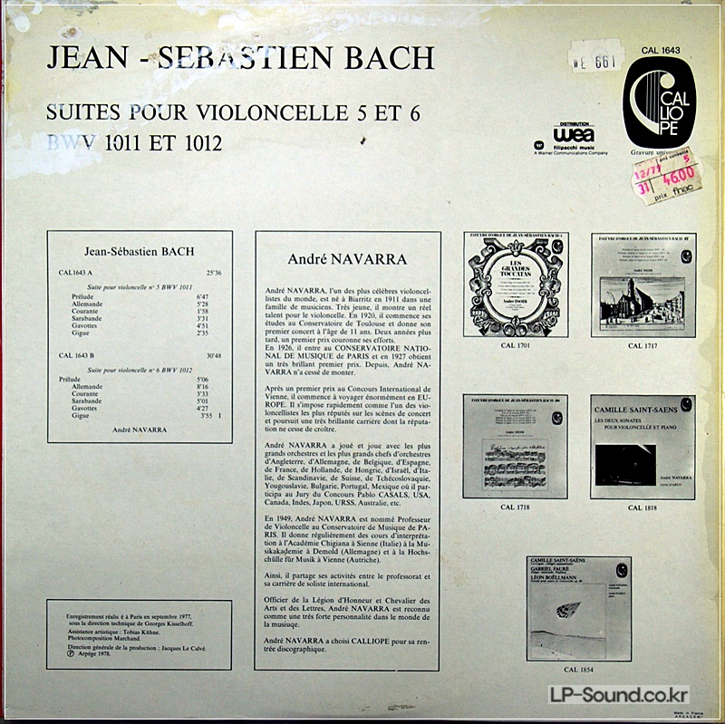BACH CELLO SUITES 5 & 6- ANDRE NAVARRA – FRENCH CAL 1643
