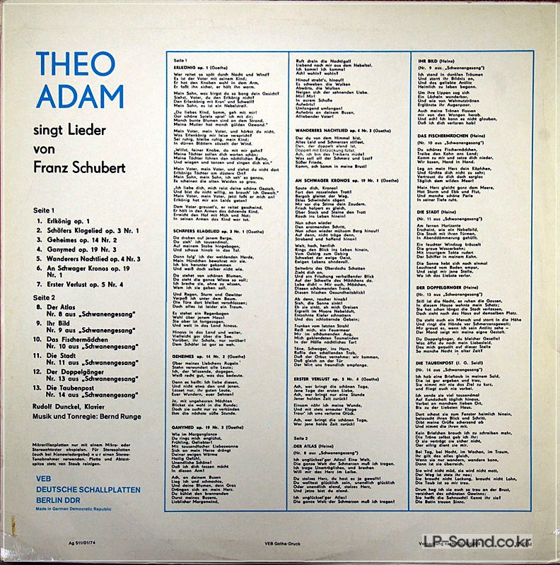 THEO ADAM SINGT LIEDER VON FRANZ SCHUBERT - LP AUF ETERNA STEREO