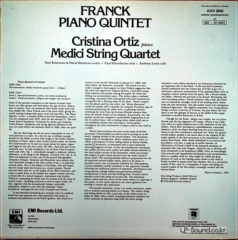 FRANCK PIANO QUINTET   CRISTINA ORTIZ/MEDICI QUARTET ASD 3546