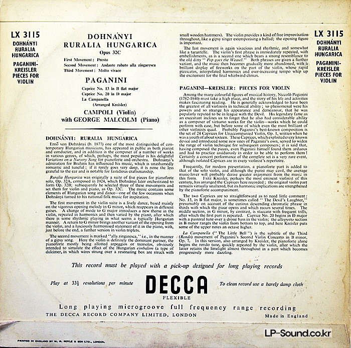 PAGANINI CAPRICE DOHNANYI HUNGARICA CAMPOLI MALCOLM DECCA LX 3115 RARE