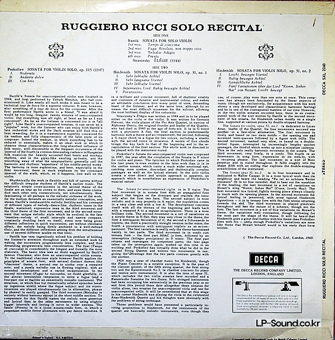 RECITAL RUGGIERO RICCI  VIOLIN SOLO  DECCA SXL 2240 ED1