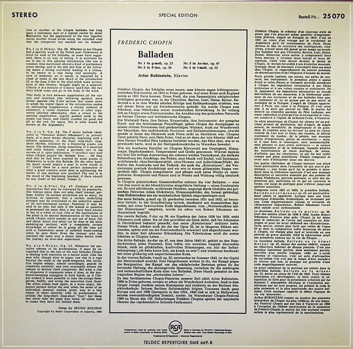 CHOPIN 4 BALLADEN ARTUR RUBINSTEIN RCA VICTOR RED SEAL – 25 070