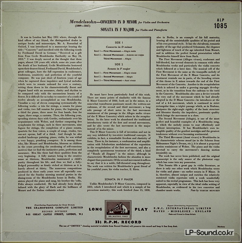 MENDELSSOHN VIOLIN CONCERTO SONATAMENUHINALP 1085