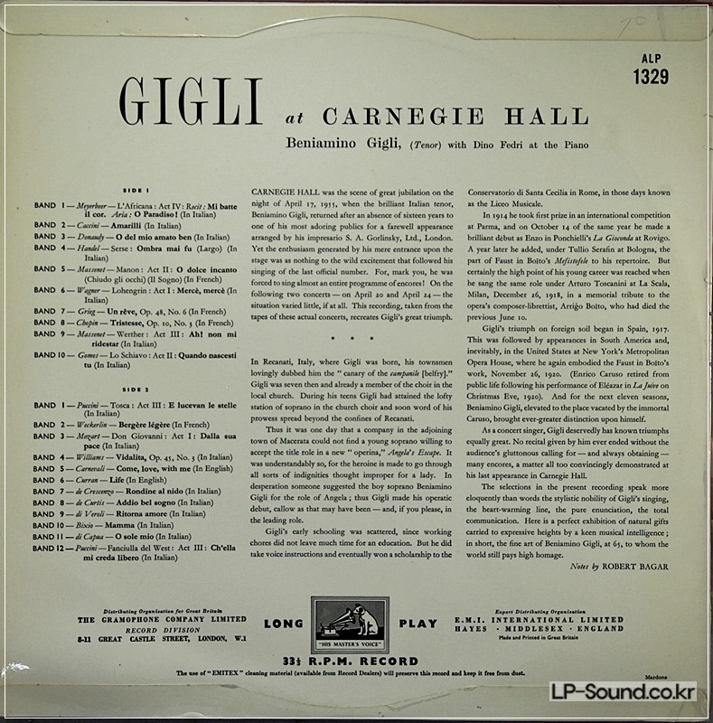 BENJAMIN GIGLI AT CARNEGIE HALL ALP 1329