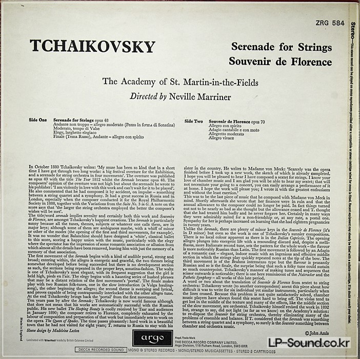 TCHAIKOVSKY SERENADE & SOUVENIR DE FLORENCEARGO ZRG 584