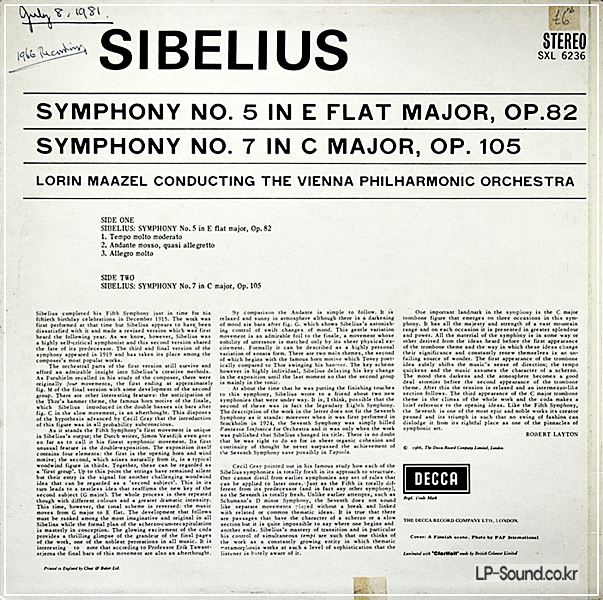 SIBELIUS - SYMPHONY NO. 5 & 7 VIENNA PO, MAAZEL - UK DECCA SXL 6236