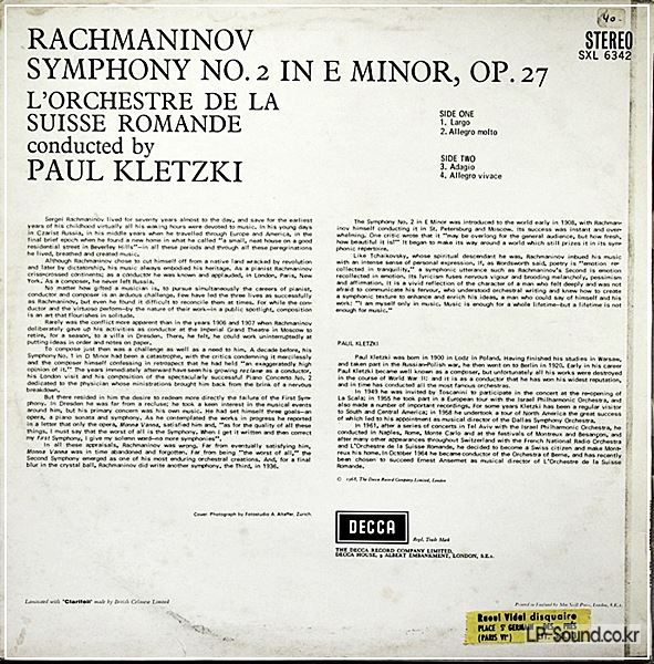 RACHMANINOV: SYMPHONY NO.2 PAUL KLETZKI  SXL 6342