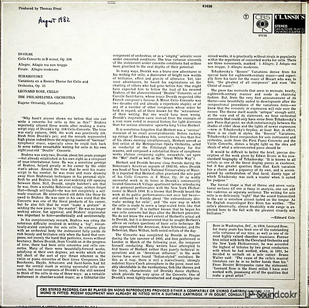 DVORAK TCHAIKOVSKY CELLO CONCERTOS ROSE ORMANDY CBS