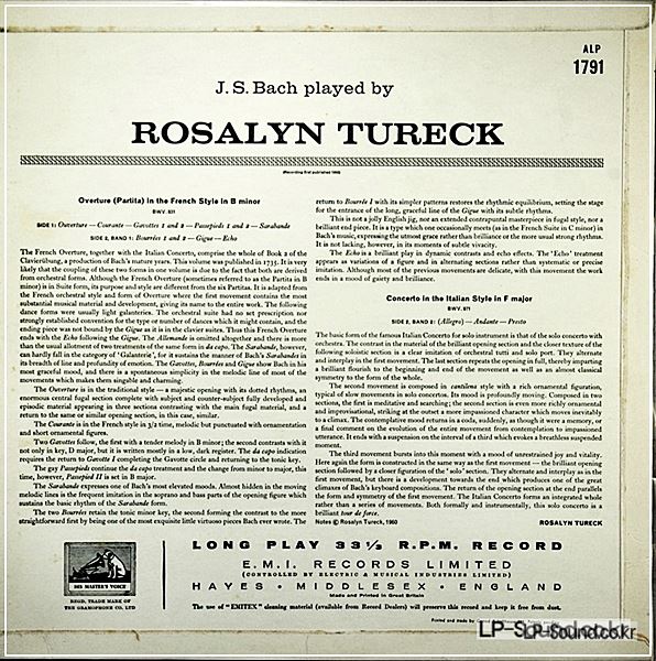 MUSIC BY J. S. BACH - ROSALYN TURECK ALP 1791