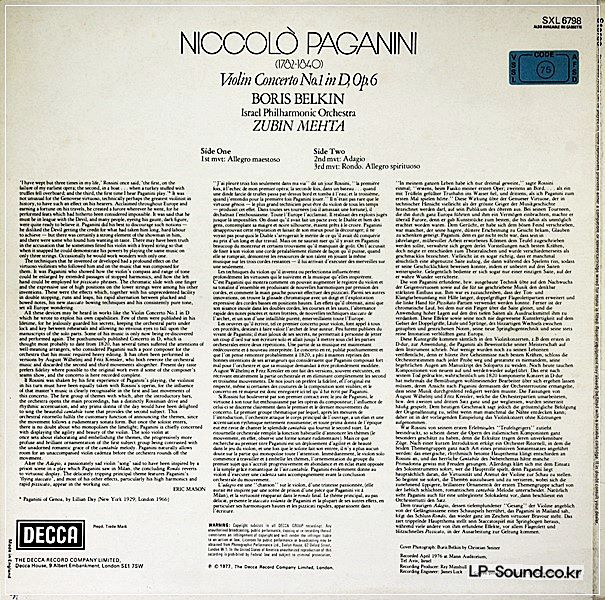 PAGANINI ~ VIOLIN CONCERTO NO.1 ~ SXL 6798