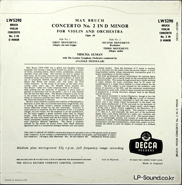 MISCHA ELMAN,FISTOULARI,LSO,BRUCH,CONC #2,DECCA LW 5290