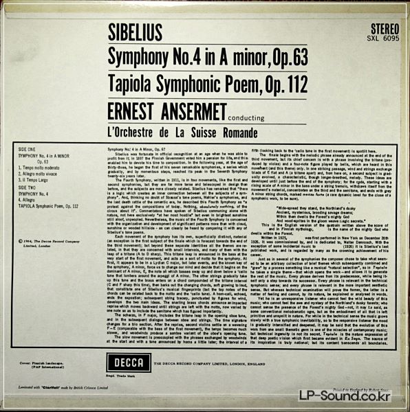SIBELIUS NO.4 ANSERMET ORIG DECCA  SXL 6095 UK-64